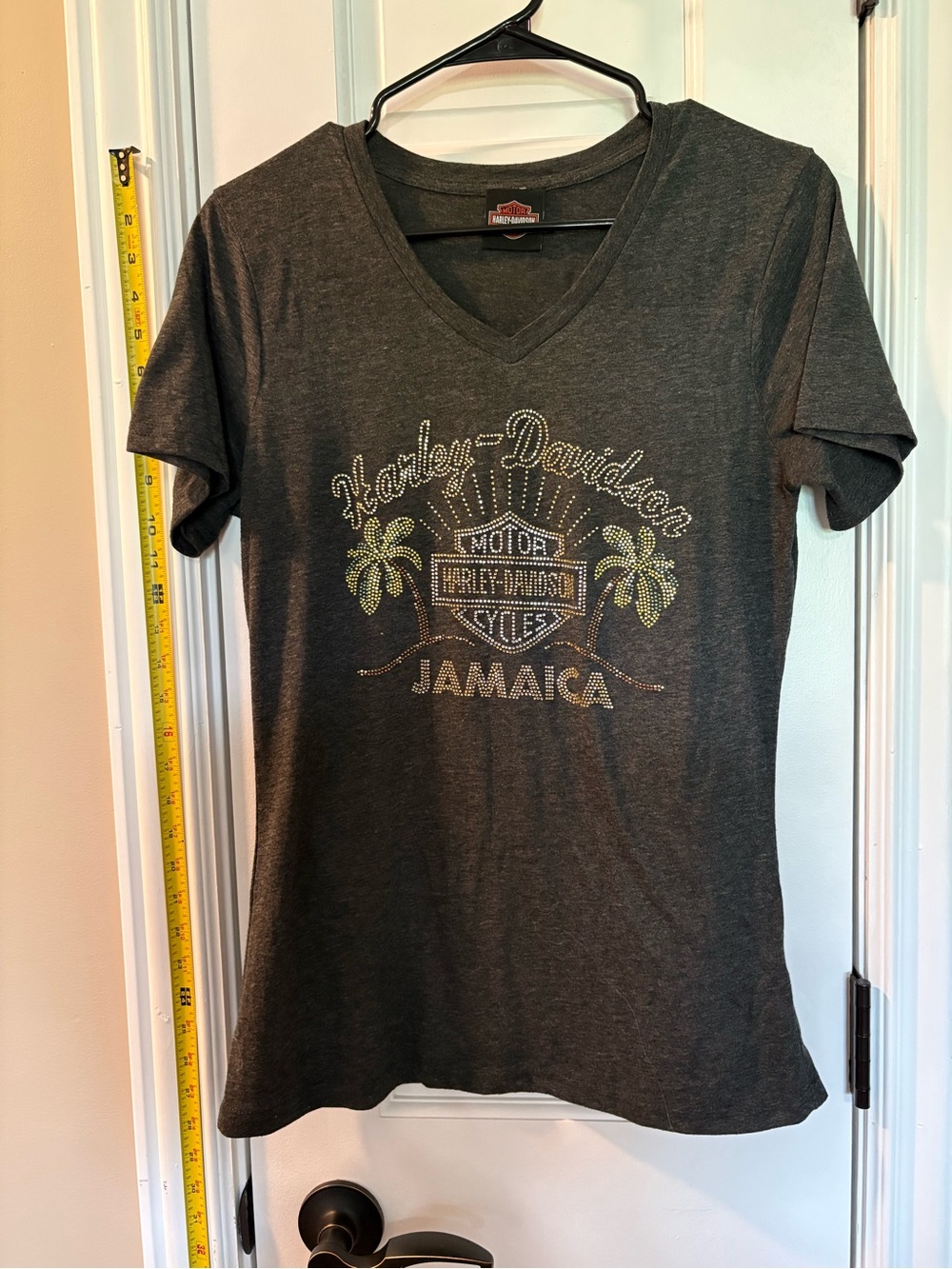 Harley-Davidson Charcoal V-Neck Tee with Gold & Green Rhinestone Palm Design